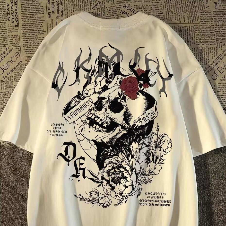 美式vintage复古骷髅印花纯棉短袖t恤男女夏季欧美街头风潮牌上衣