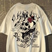 欧美街头风潮牌上衣 t恤男女夏季 美式 vintage复古骷髅印花纯棉短袖