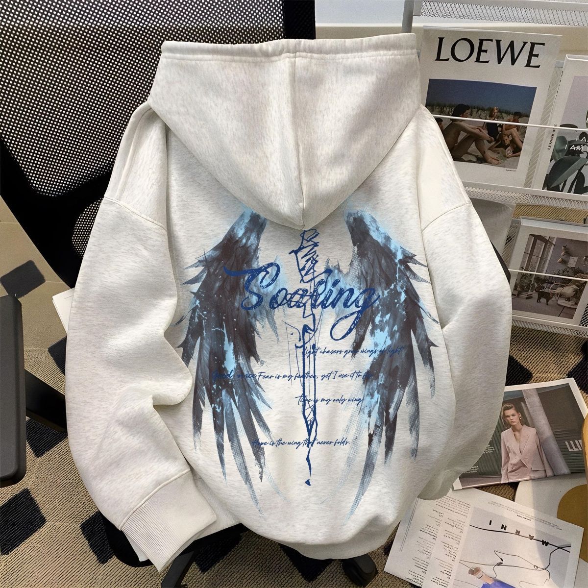 美式高街潮流十字架翅膀连帽卫衣