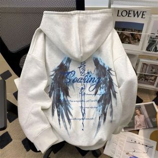 重磅美式高街潮流十字架翅膀印花连帽卫衣男女秋冬款加绒宽松上衣