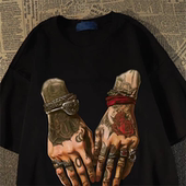 上衣男ins夏季 纹身双手印花短袖 潮牌宽松t 炸街个性 100％纯棉美式