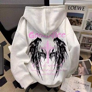 美式街头风复古天使翅膀十字架印花加绒连帽卫衣情侣款秋冬季外套