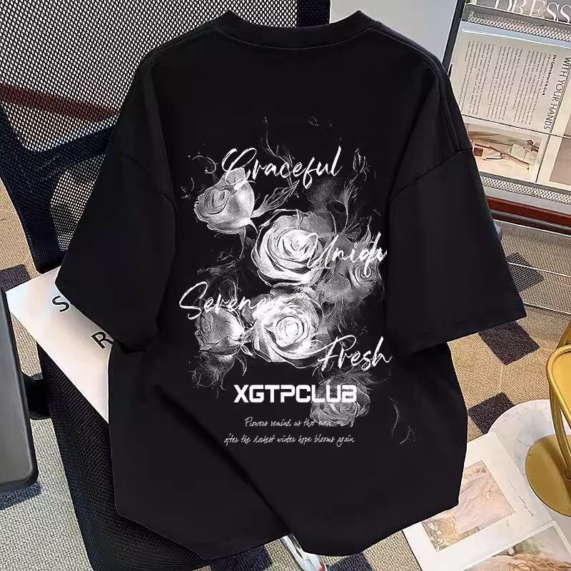 100%纯棉美式复古玫瑰花短袖t恤男女国潮oversize高街宽松上衣夏