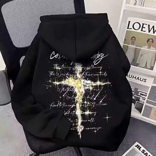 美式潮牌星星十字架加绒连帽卫衣印花秋冬情侣款宽松百搭休闲外套