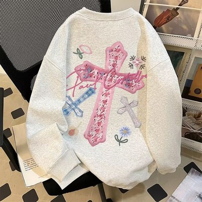 美式圆领卫衣秋冬十字架仿刺绣男