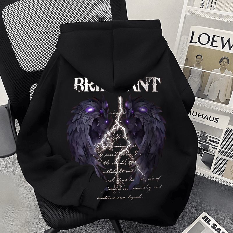 美式高街翅膀闪电印花连帽卫衣男