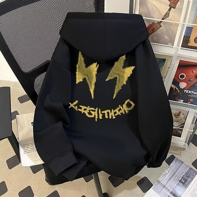 美式黑色微笑仿刺绣卫衣秋冬情侣