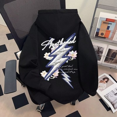 美式高街秋冬仿刺绣花卉卫衣男女