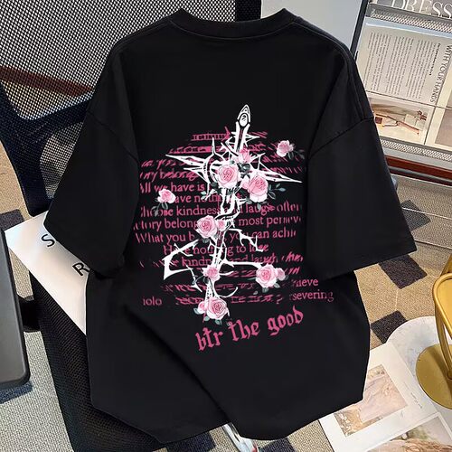 美式玫瑰印花纯棉短袖T恤夏季男