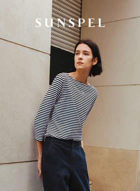 SUNSPEL女士秋冬Supima匹马棉船领蓝白条纹七分袖T恤