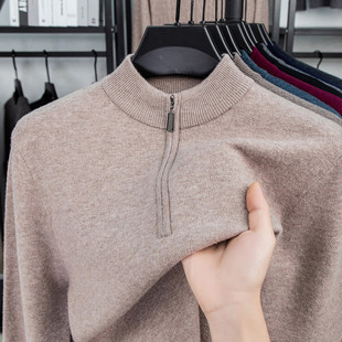 细毛线 （16针和14针）半开领直筒羊毛罗纹底摆针织衫/毛衣