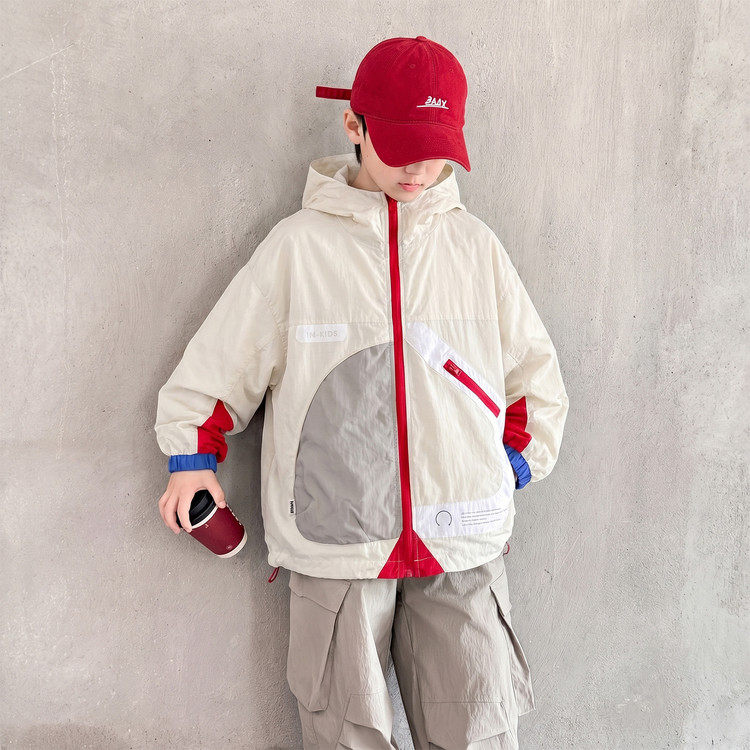 儿童防晒衣男童连帽拉链外套夏季户外运动速干拼色宽松上衣