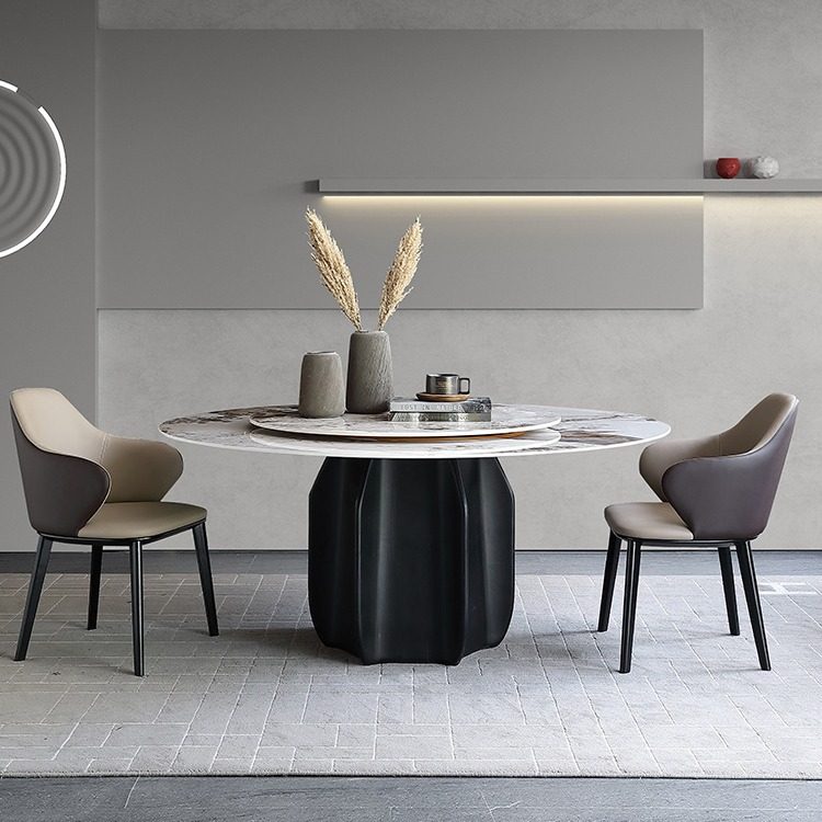 现代简约实木德利丰岩板餐桌圆形家用高级感带转盘餐厅吃饭桌椅子