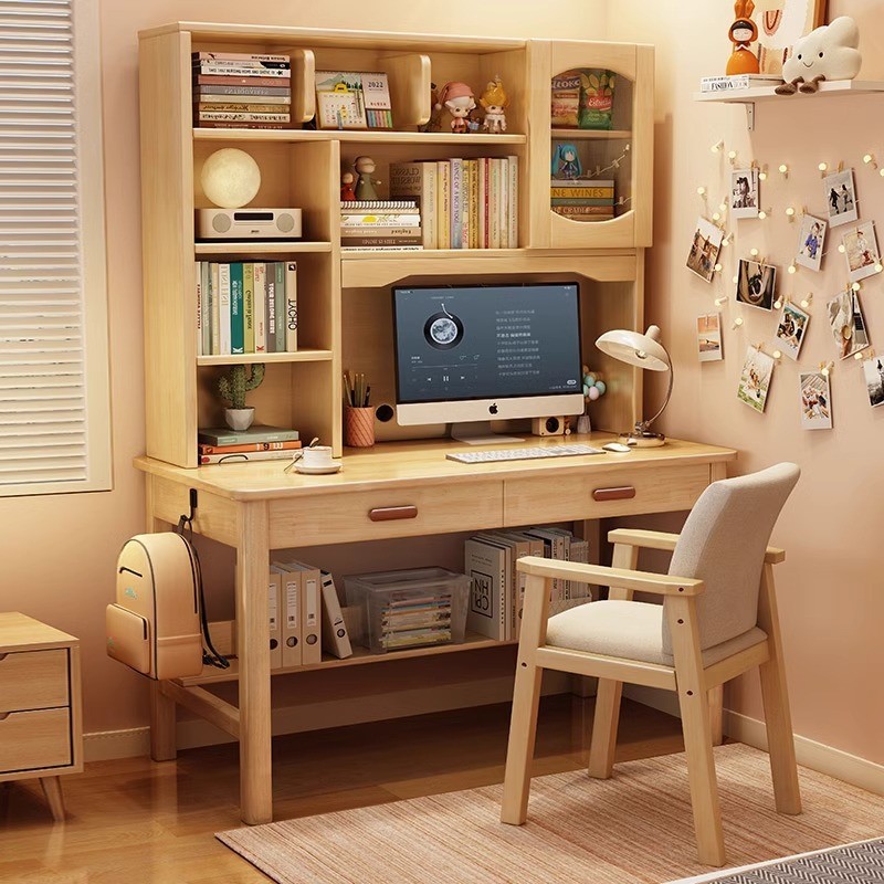 实木书桌家用简约小孩子学习写字桌书架书柜一体桌卧室台式电脑桌