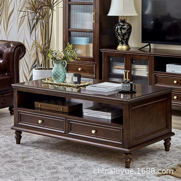 中式实木茶几简约现代大小户型客厅储物复古带抽欧式茶几