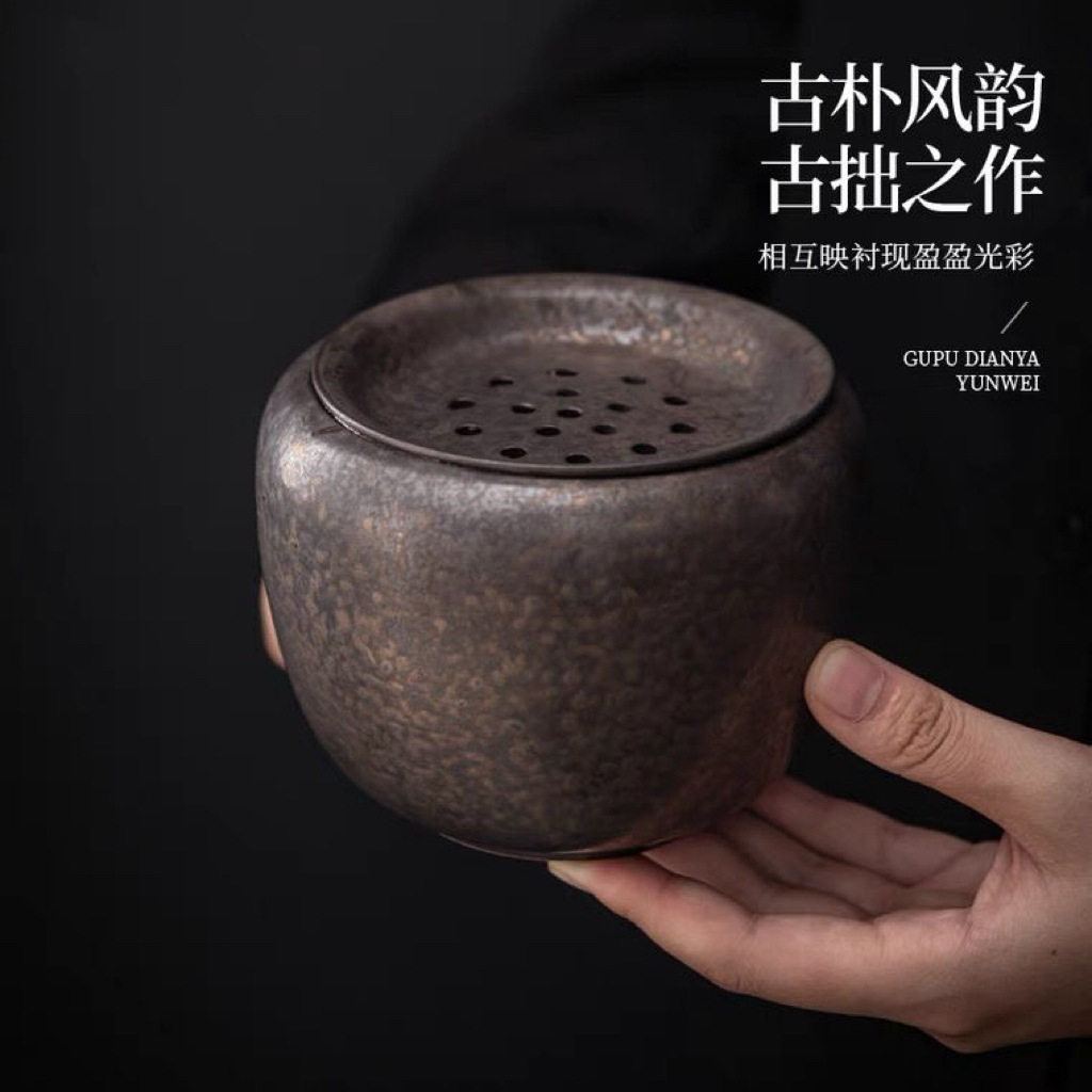 铁锈釉茶渣缸家用陶瓷建水水盂带盖过滤茶洗水盂复古茶桶茶道配件