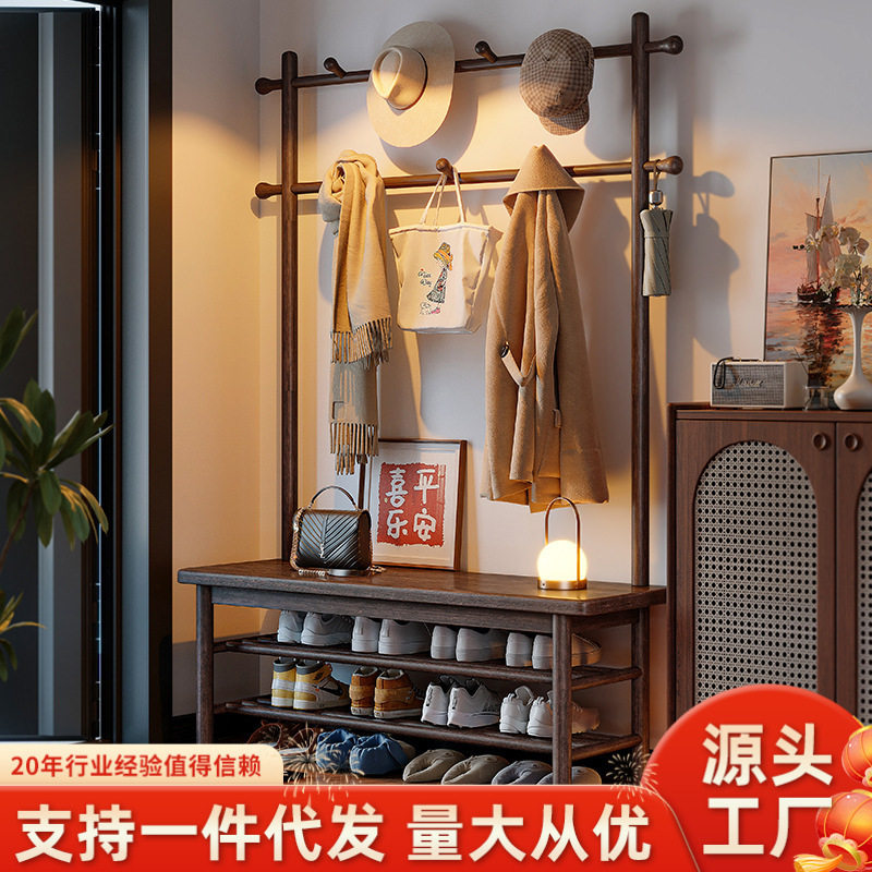 实木换鞋凳一体挂衣架入户门口鞋架玄关可坐鞋柜衣帽架家用穿鞋凳