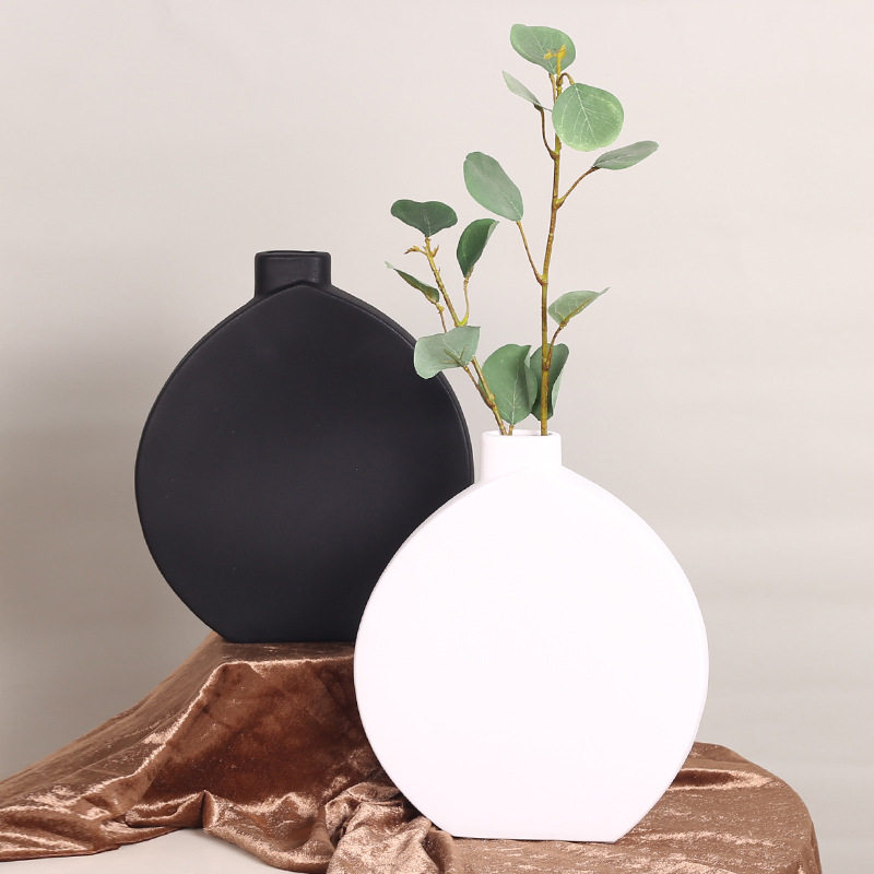 黑白经典陶瓷花瓶现代简约扁鼓瓶家居饰品摆件软装样板房装饰摆饰
