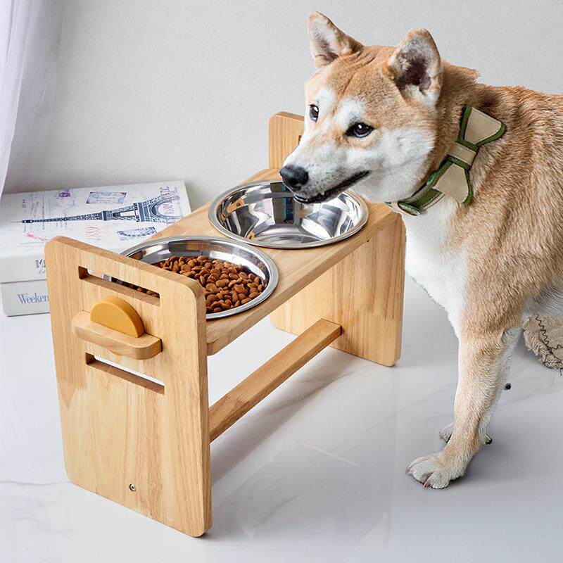 宠物不锈钢橡木可调节双碗大型犬狗盆狗碗大号大容量狗狗碗架饭碗