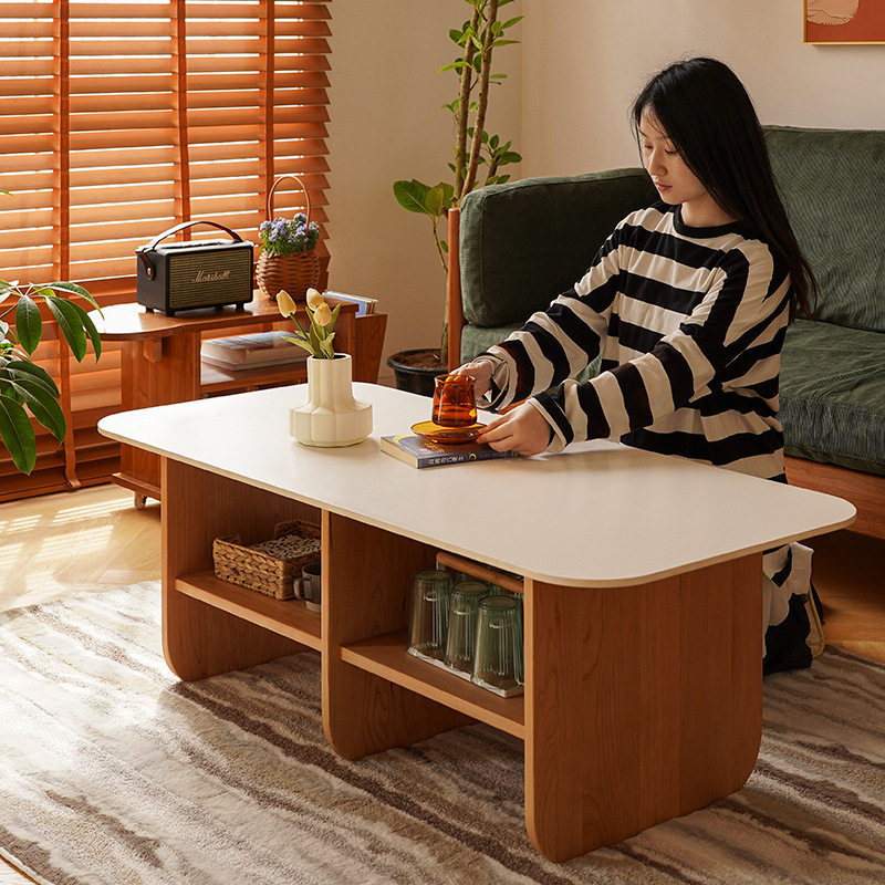 美式樱桃木全实木家用茶几小户型日式北欧简约原木奶油风岩板茶桌