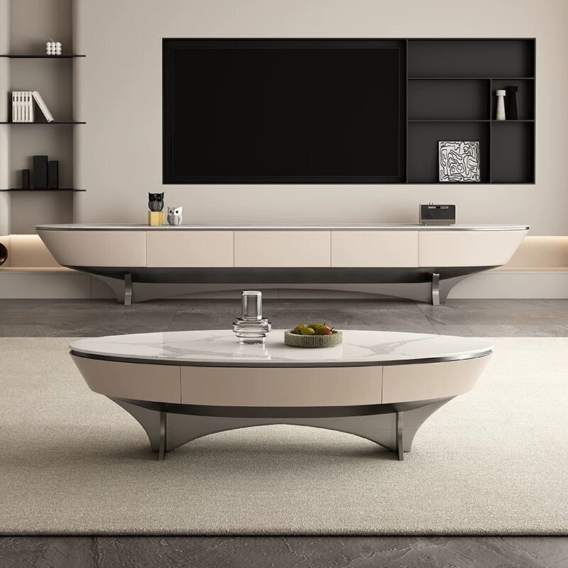 意式轻奢家用客厅设计师网红帆船型落地岩板小户型电视柜茶几组合
