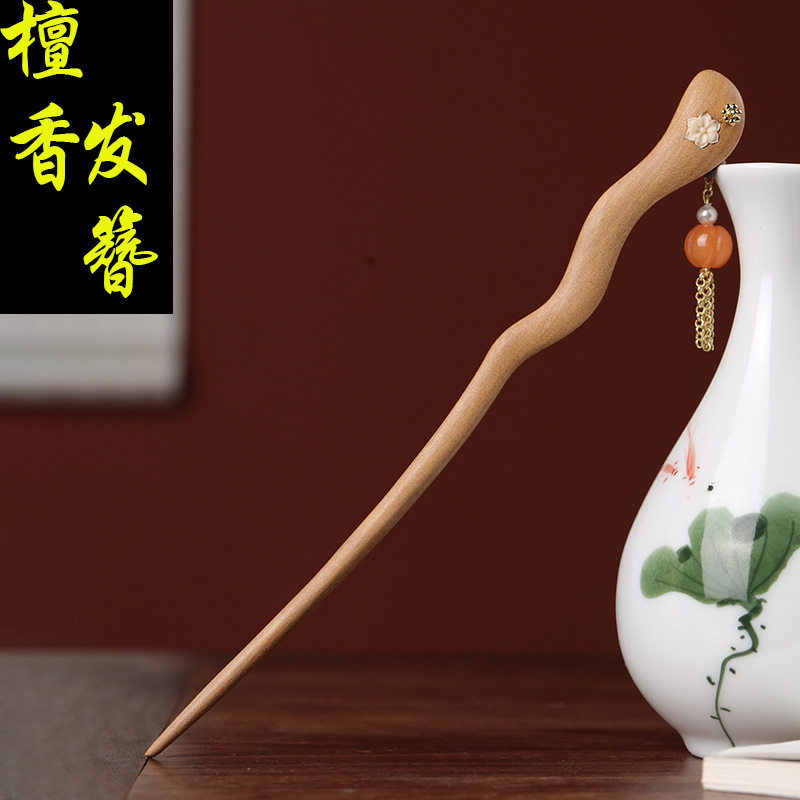印度老山檀香发簪女复古盘头发钗子檀香木古风木簪子镶嵌猛犸梅花