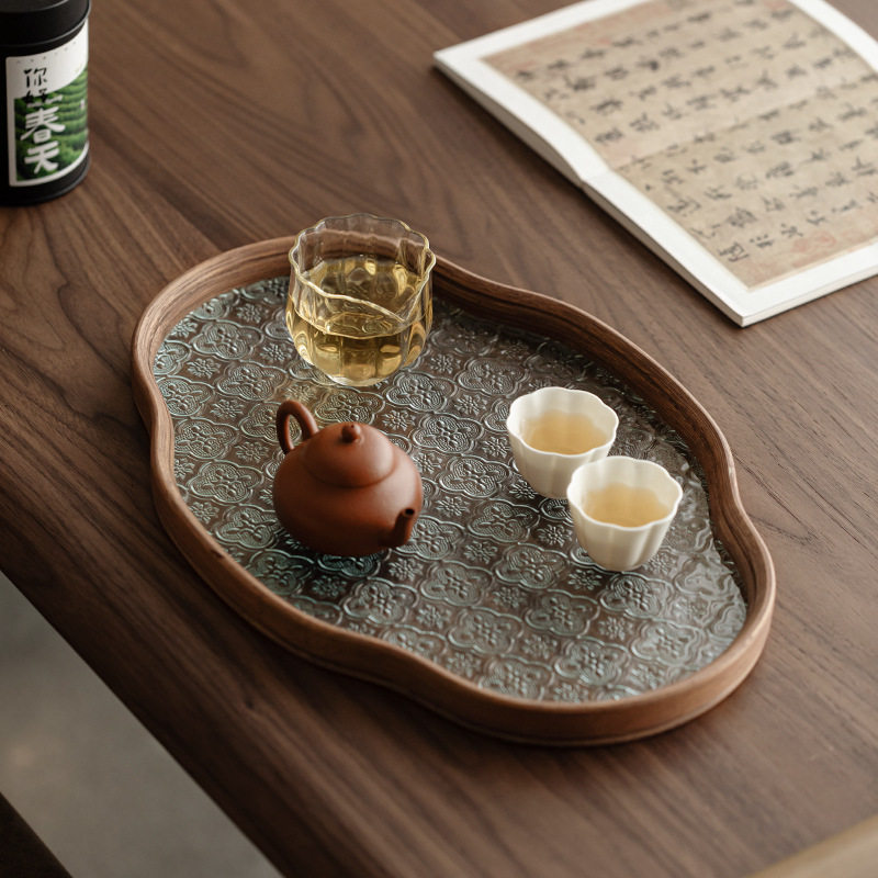 日式复古茶室茶盘竹制玻璃精致托盘海棠花家用简约小型茶托盘