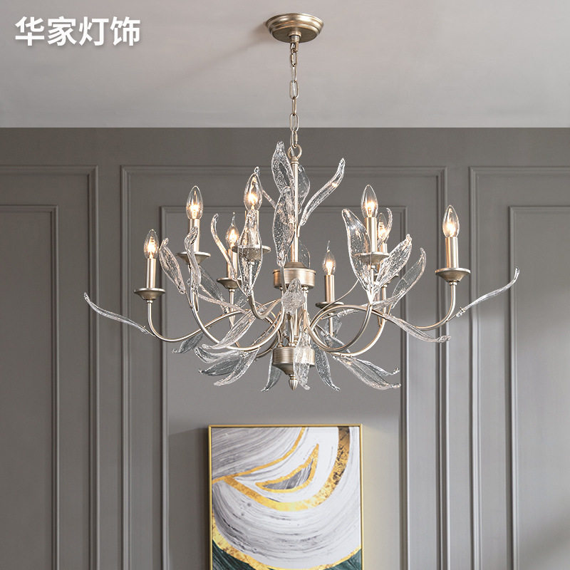 美式乡村吊灯家用客厅吊灯创意卧室灯具玻璃叶子复古银法式餐厅灯