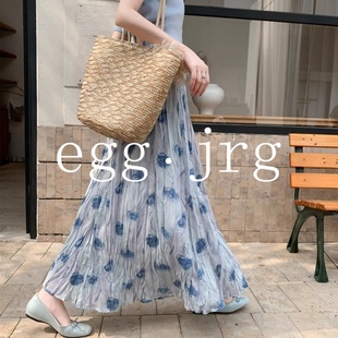 韩国EGG a字裙梨型身材 JRG蓝色碎花百褶大摆裙半身裙子女2025新款