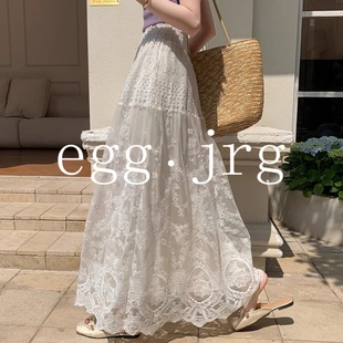 韩国EGG JRG杏色蕾丝裙镂空网纱半身裙大摆伞裙百搭白色a字裙子女