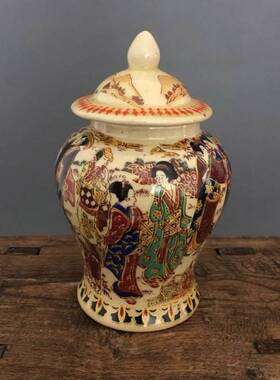 清乾隆年制刻人物侍女图纹将军茶叶罐景德镇仿古瓷器做旧古玩收藏