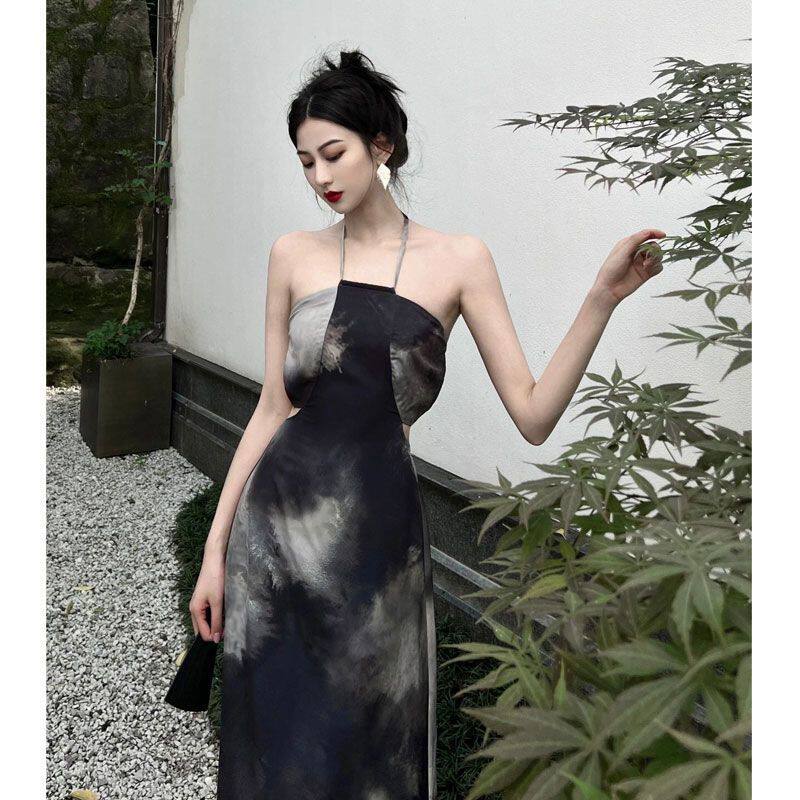 高级感小众水墨色扎染挂脖吊带连衣裙女抹胸露背休闲优雅气质裙子