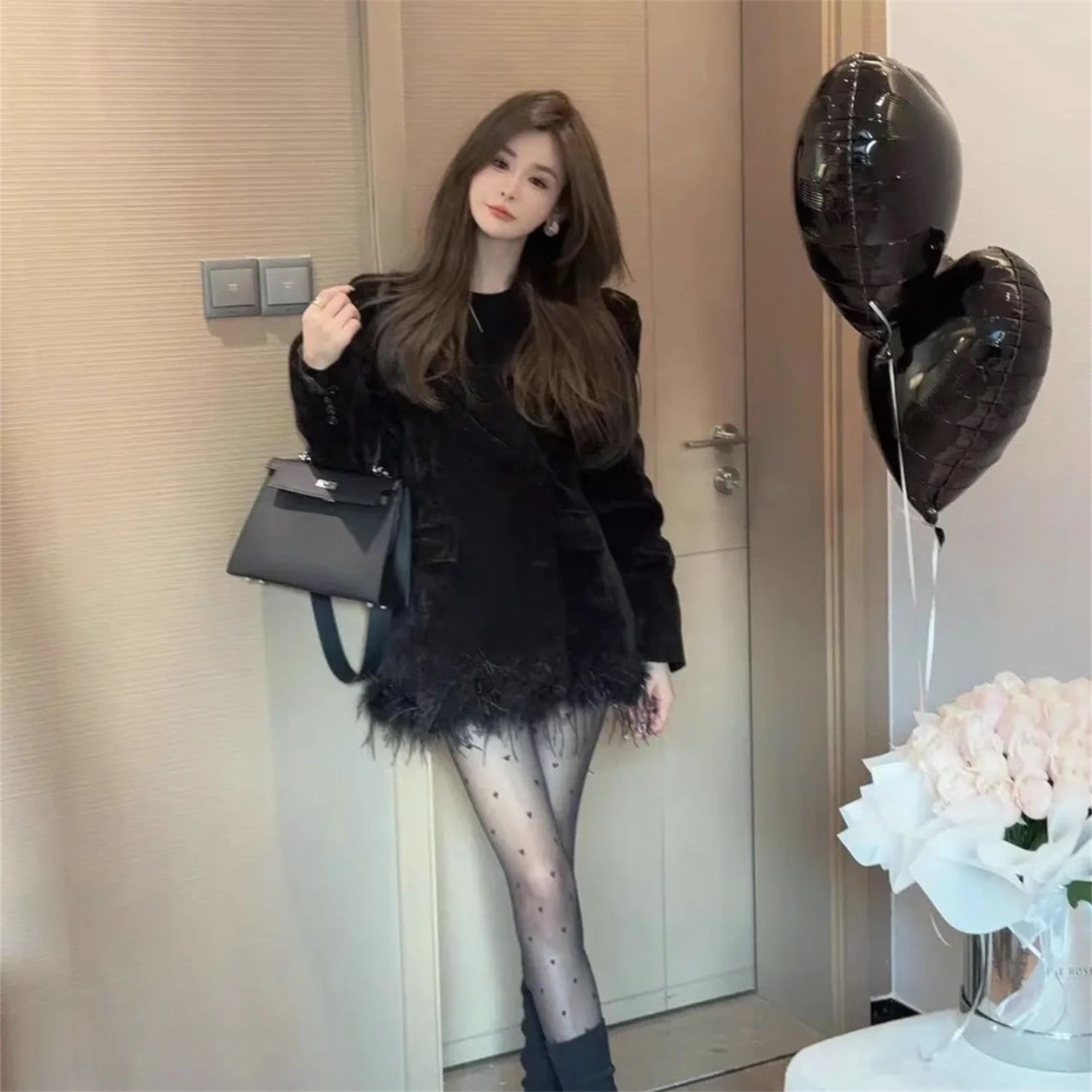 高级感奢华中长款丝绒西装韩系名媛气质毛边外套女秋冬款小众时尚