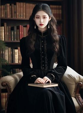 法式复古宫廷风黑色丝绒连衣裙女秋冬宴会礼服高级感气质显瘦长裙