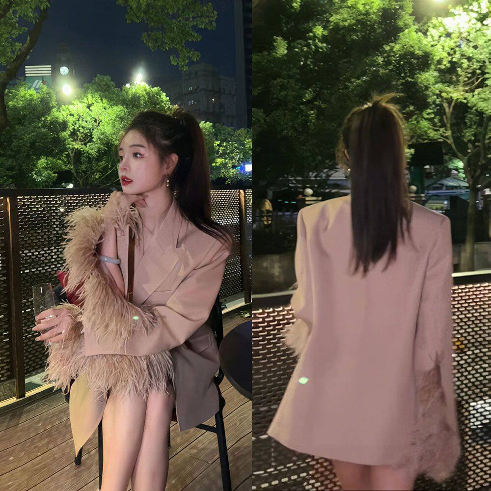 宽松高级感拼接毛毛袖外套西服修身短裤名媛洋气时尚套装