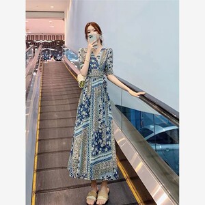 法式茶歇雪纺碎花连衣裙女2025新款夏季小个子收腰显瘦系带长裙子