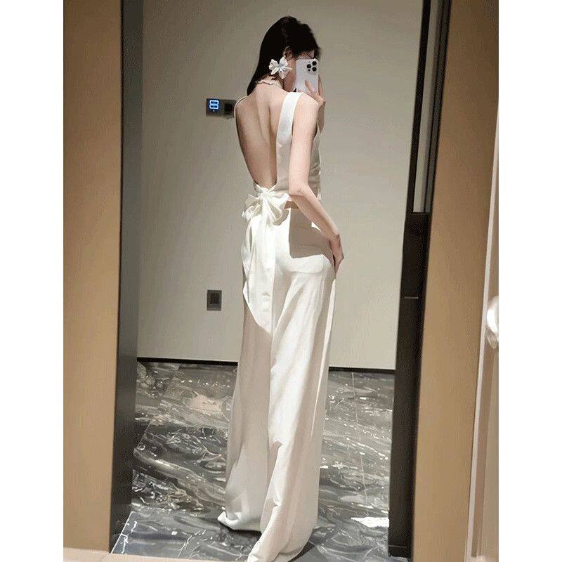 法式露背无袖蝴蝶结上衣+高腰阔腿长裤夏天设计感小众气质套装女