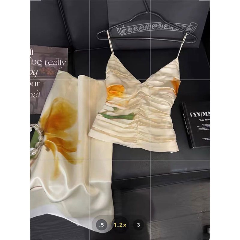 白玉兰印花套装裙女法式V