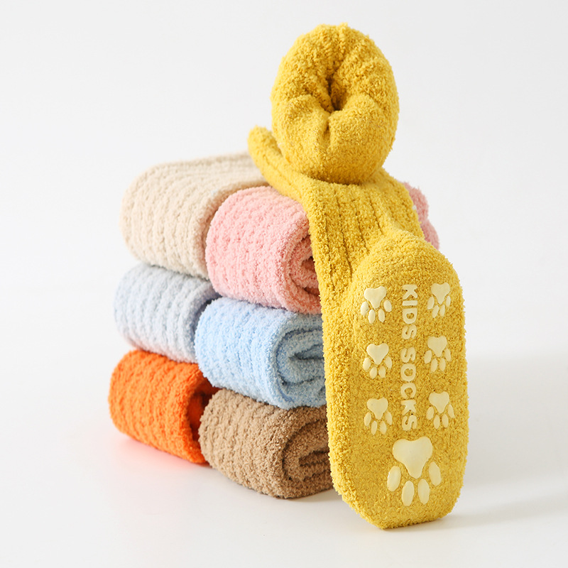 独立装儿童袜子加绒加厚宝宝袜子新生婴儿珊瑚绒点胶防滑地板袜子