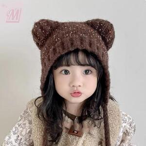 儿童帽子秋冬季韩版女童可爱小熊系带针织护耳帽男童宝宝毛线帽潮