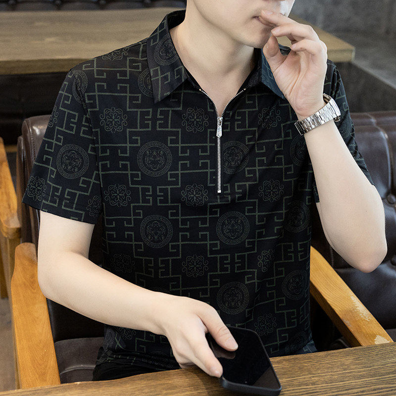 开发服饰海家冰丝短袖男士夏季翻领半拉链t恤男高档休闲polo衫男