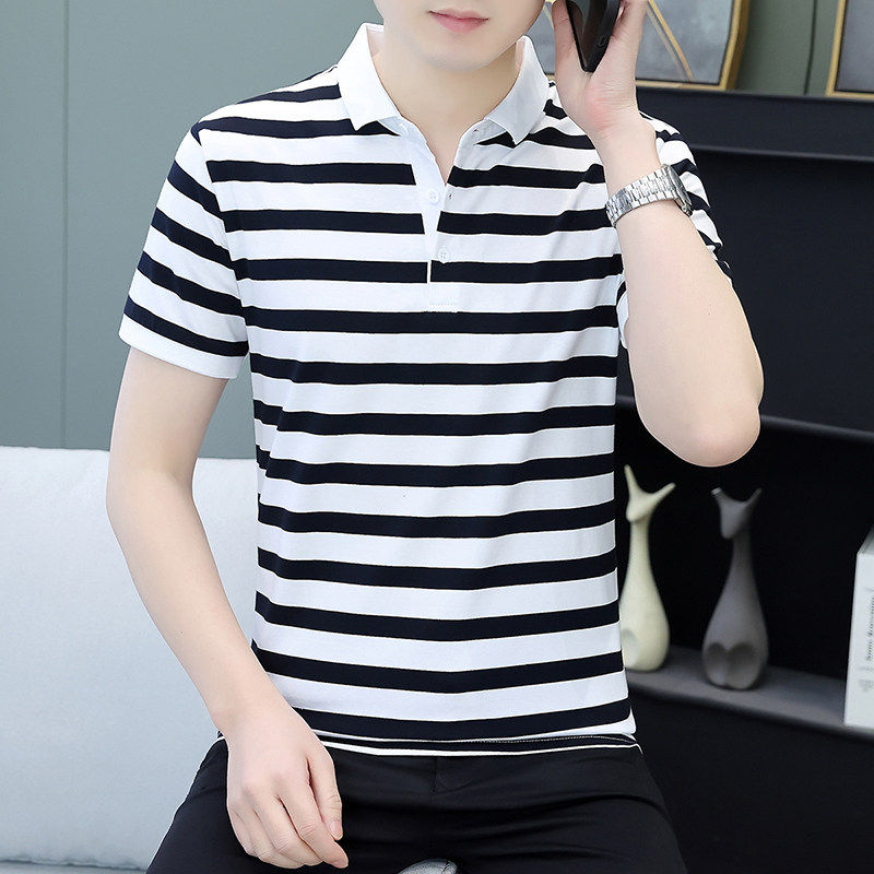 开乐服饰海家条纹polo衫男士夏季短袖t恤翻领修身型半袖纯棉上衣