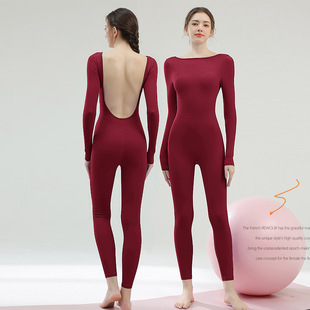 红色长袖连体瑜伽服女2025新款冬绝美普拉提训练服长袖健身服上衣