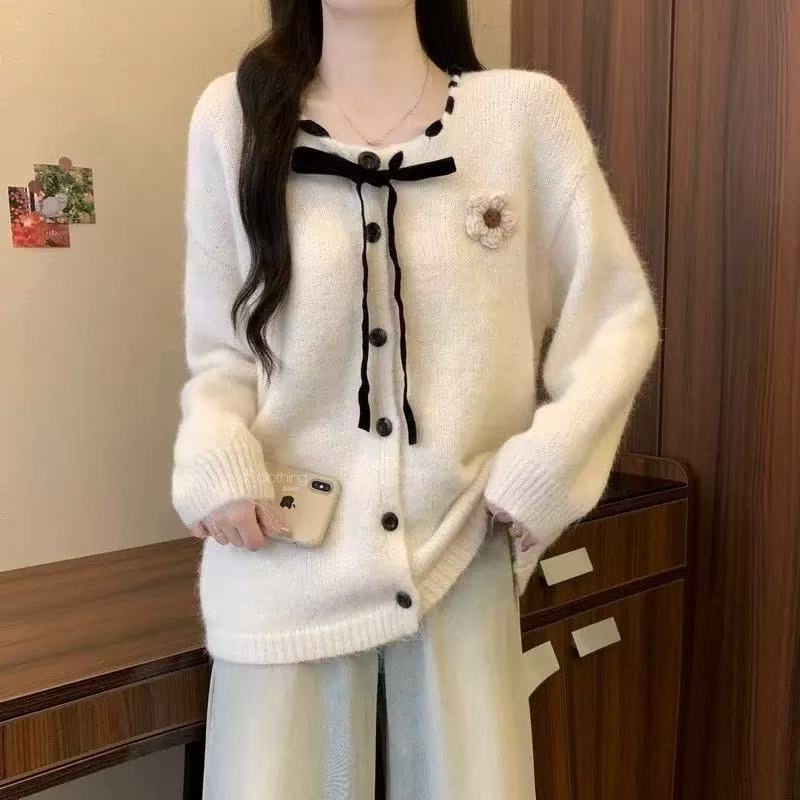 系带蝴蝶结毛衣开衫外套女春秋2025大码微胖mm法式甜美温柔风上衣