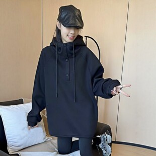 黑色连帽加绒卫衣女款加厚2025新款秋冬季宽松慵懒风中长女士上衣
