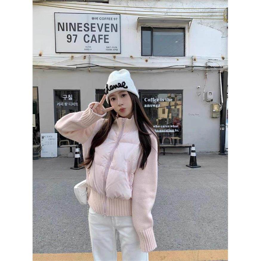 粉色针织拼接羽绒棉服女2025冬季新款轻薄高级感小香风棉衣外套潮