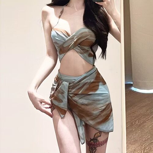 女士纯欲风分体泳衣蓝棕晕染挂脖