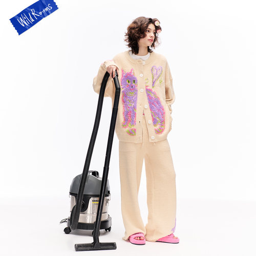 Wildrooms家居服可外穿睡衣套装女款设计师感手绘猫咪半边绒翻领