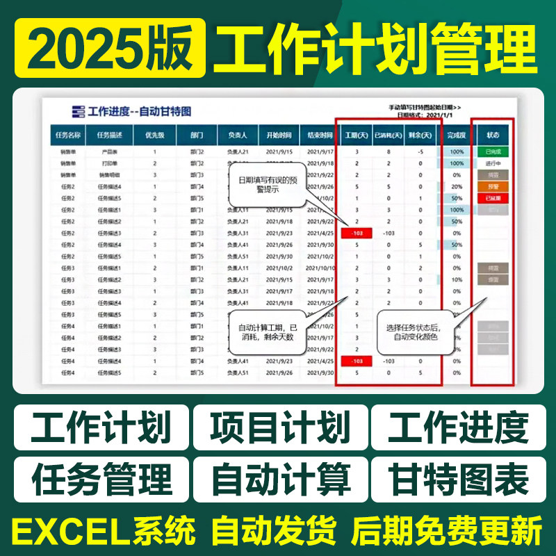 2025新工作项目计划进度管理Excel表格甘特图识别节假日工期提醒