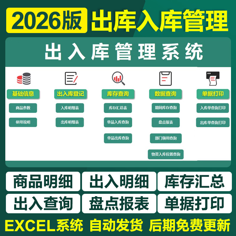 2026进销存管理EXCEL表格软件仓库出入库系统单机版盘点库存预警